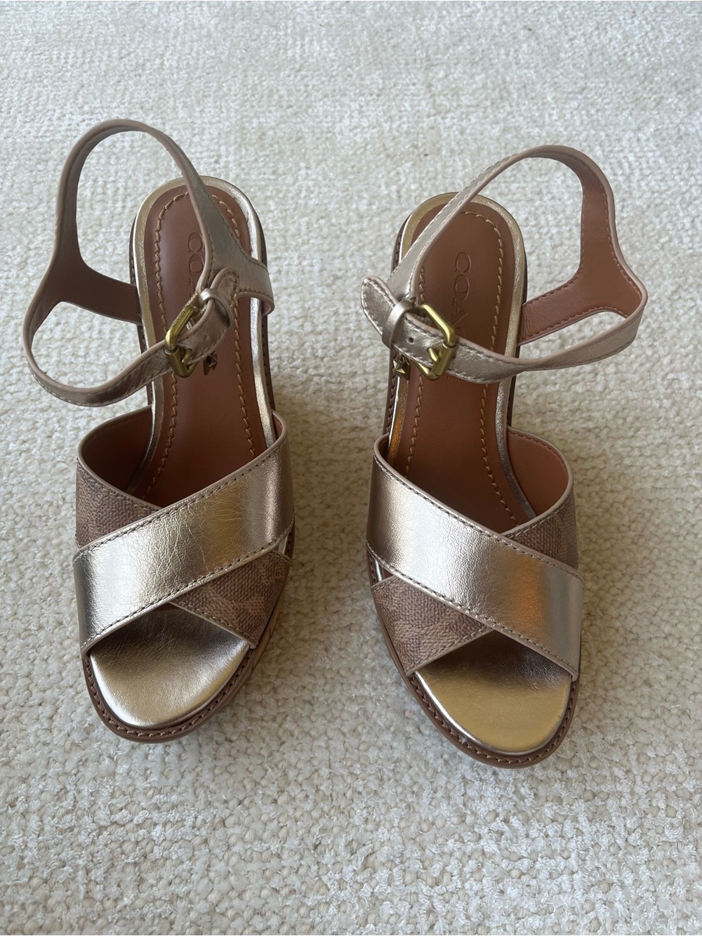Coach Metallic Rose Gold Crisscross platform wedge sandals
